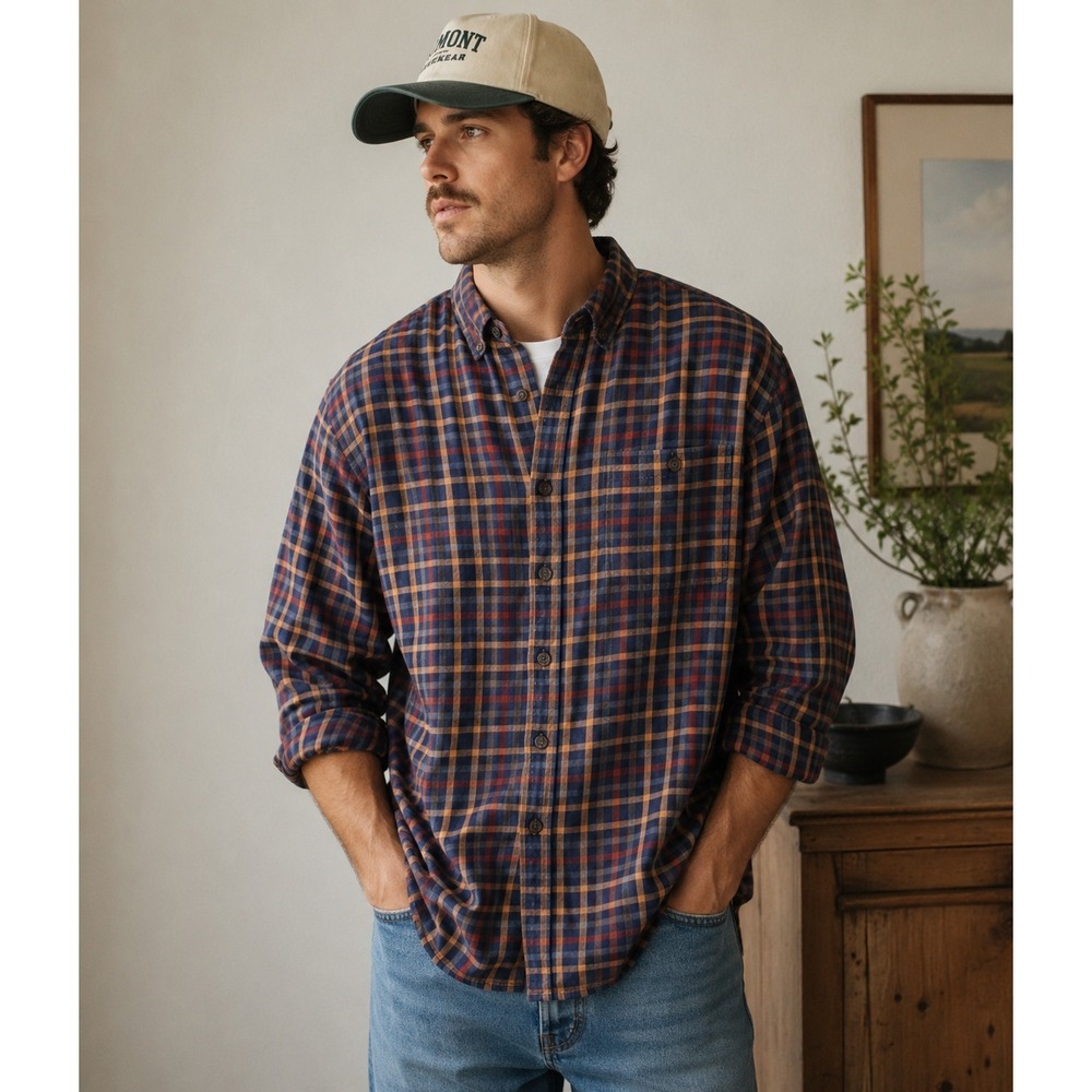 Duluth Trading Co Mens XL Plaid Flannel Shirt Navy Orange Brown Button Down M136